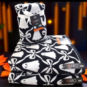4pc Halloween Ghost Coquette Bow Bath & Hand Towel Set Black White Caro Home New